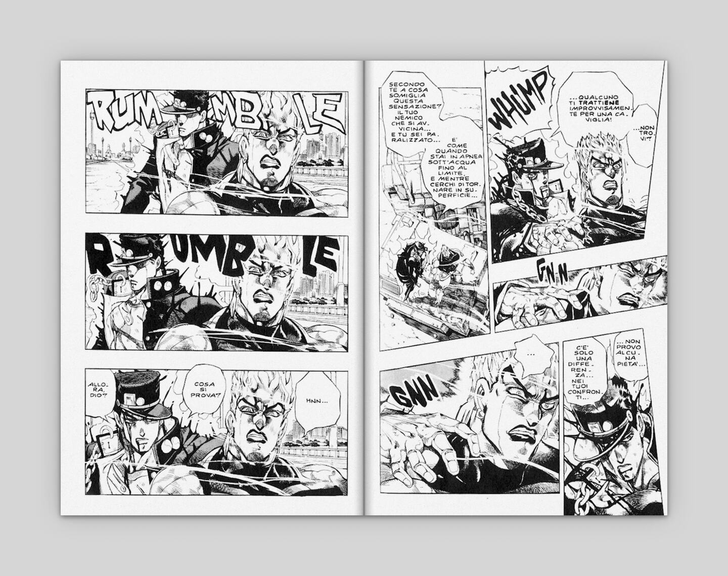 
      A double page from the manga Jojo’s Bizarre Adventure.
      