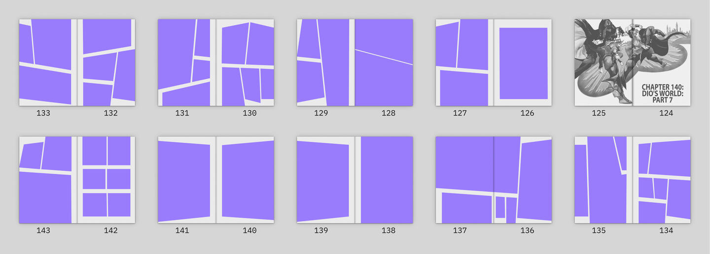 
      The layout structure of the pages in the chapter Dio’s World Part 7 from JoJo’s Bizarre Adventure.
      