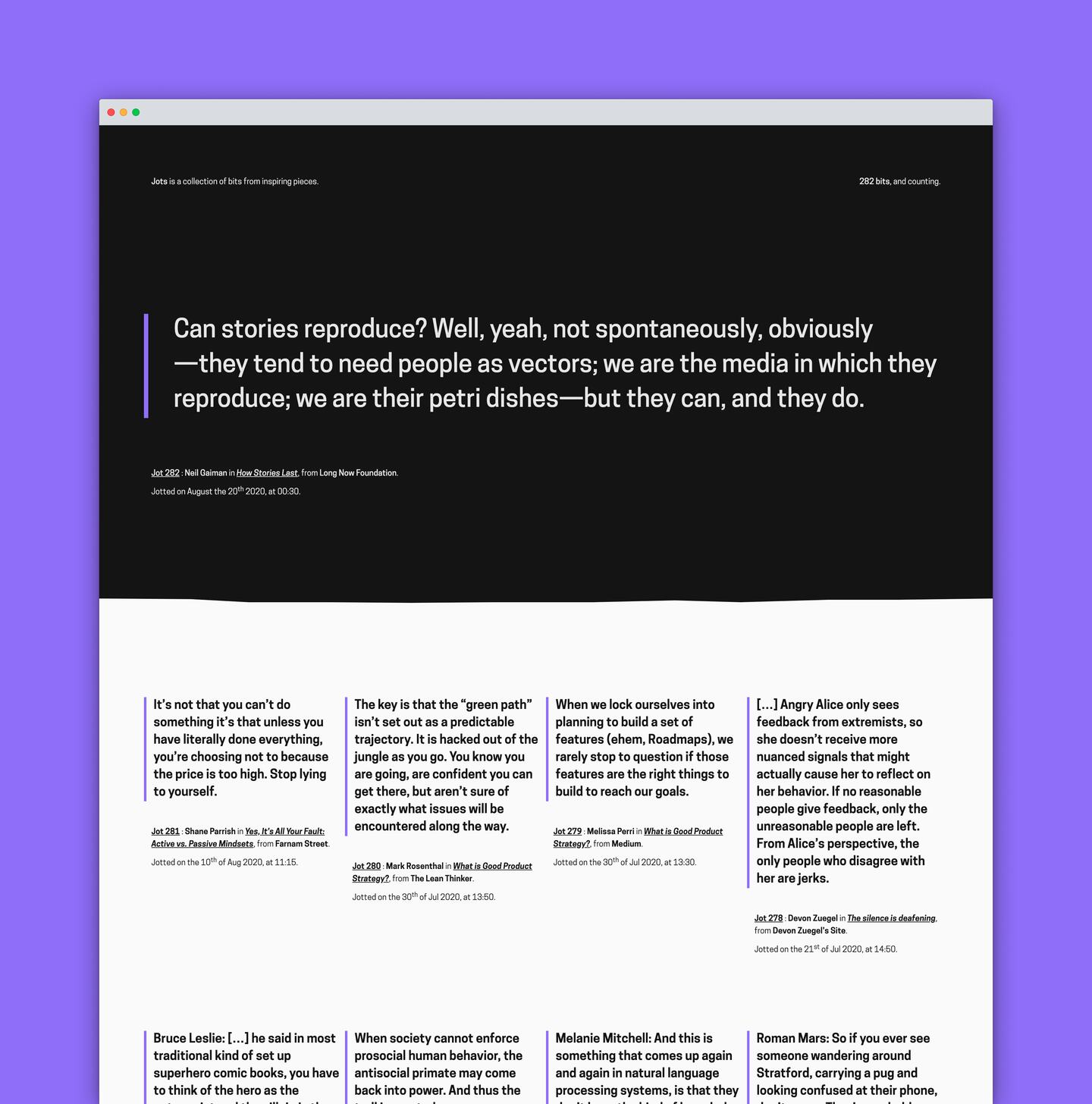 
      A screenshot of Jots, a site that collects excerpts from inspiring pieces about design and development.
      