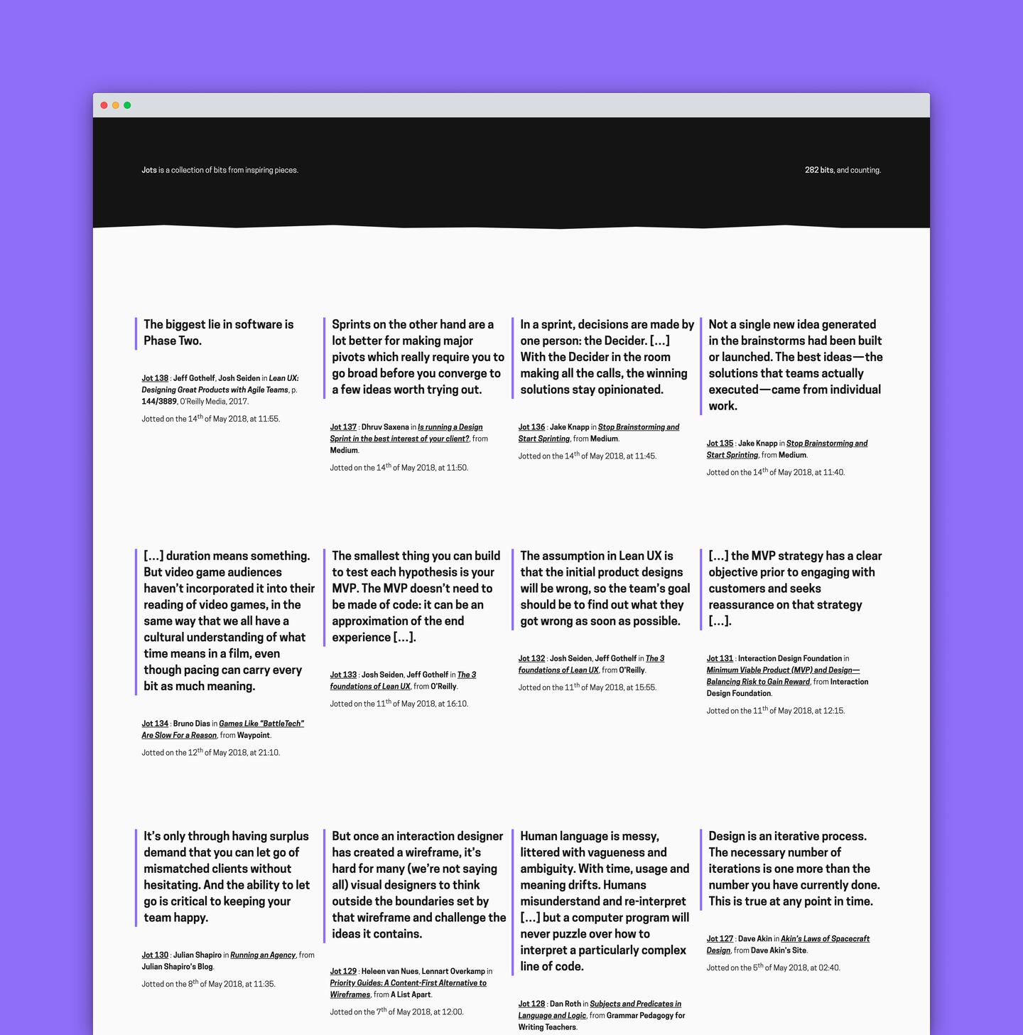 
      A screenshot of Jots, a site that collects excerpts from inspiring pieces about design and development.
      