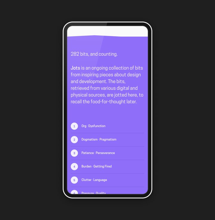 
      A screenshot of Jots, a site that collects excerpts from inspiring pieces about design and development.
      