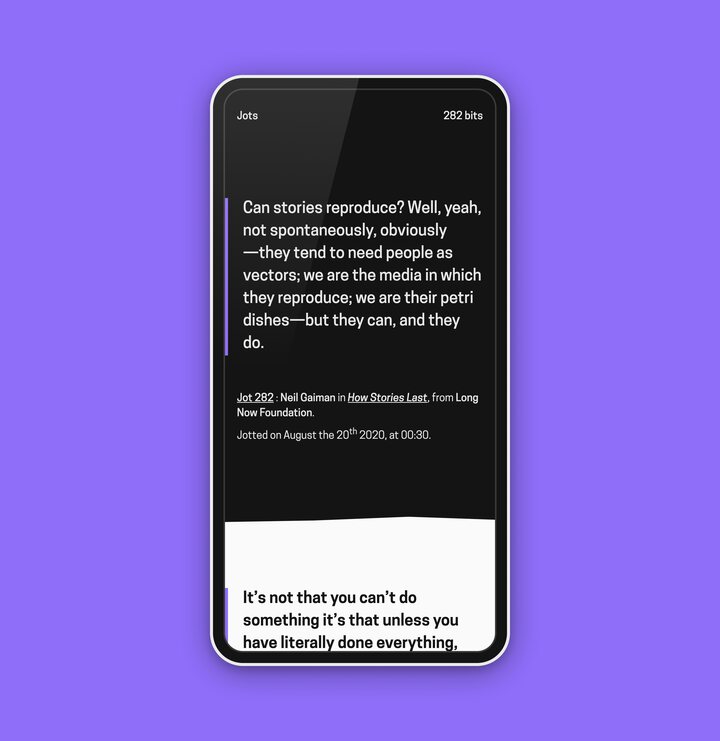 
      A screenshot of Jots, a site that collects excerpts from inspiring pieces about design and development.
      