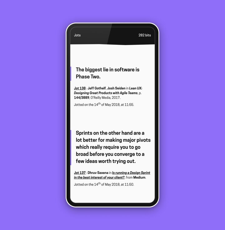 
      A screenshot of Jots, a site that collects excerpts from inspiring pieces about design and development.
      