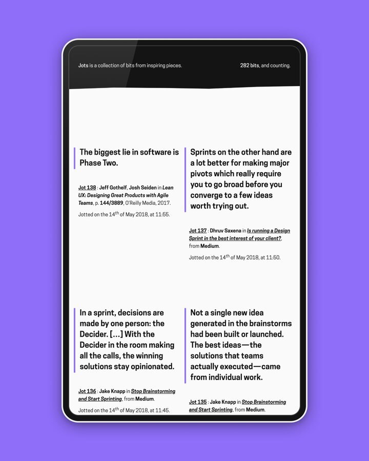 
      A screenshot of Jots, a site that collects excerpts from inspiring pieces about design and development.
      