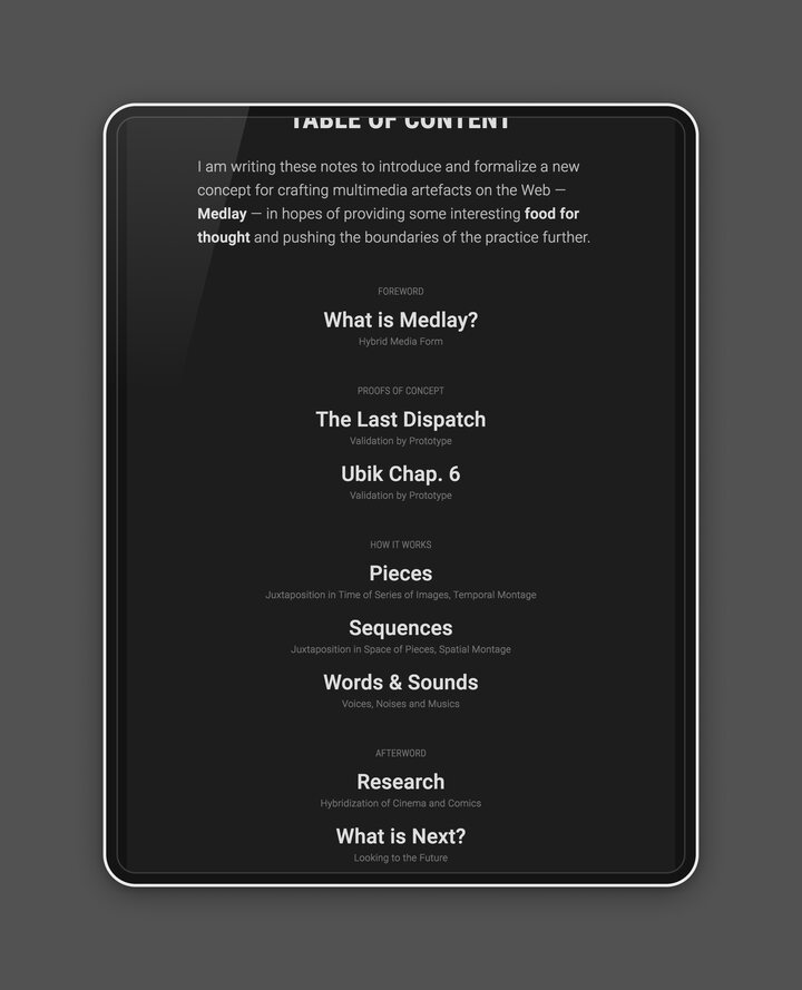 
      A screenshot of the documentation site introducing the principles of Medlay, a new concept for crafting multimedia artifacts on the Web.
      